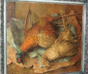 Antique OIL PAINTING OF A BRACE OF DEAD PHEASANTS LAID OUT ON BROWN PAPER 34.5 X 30.5 INCHES