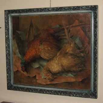 Antique OIL PAINTING OF A BRACE OF DEAD PHEASANTS LAID OUT ON BROWN PAPER 34.5 X 30.5 INCHES