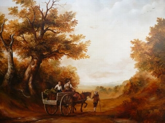 Antique FINE LANDSCAPE OIL PAINTING ON BOARD OF HORSE & CART TRAVELLING THROUGH WOODLAND ALONG A TRACK WITH FIGURES PRESENTED IN DECORATIVE PLASTER CAST GILT FRAME 29 X 26 INCHES