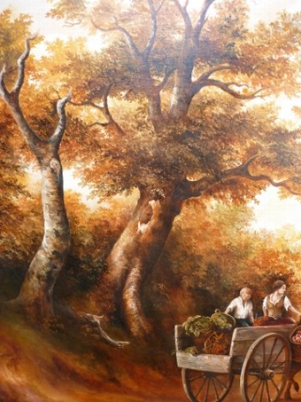 Antique FINE LANDSCAPE OIL PAINTING ON BOARD OF HORSE & CART TRAVELLING THROUGH WOODLAND ALONG A TRACK WITH FIGURES PRESENTED IN DECORATIVE PLASTER CAST GILT FRAME 29 X 26 INCHES