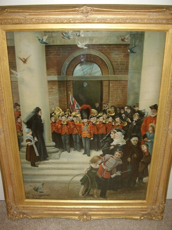 Antique VICTORIAN COLOURED PRINT UNDER GLASS OF A CHILDRENS BRASS BAND PLAYING TO MOURNERS ON THE STEPS OF THE TOWNHALL C1850  29 X 23 INCHES