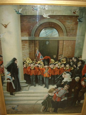 Antique VICTORIAN COLOURED PRINT UNDER GLASS OF A CHILDRENS BRASS BAND PLAYING TO MOURNERS ON THE STEPS OF THE TOWNHALL C1850  29 X 23 INCHES
