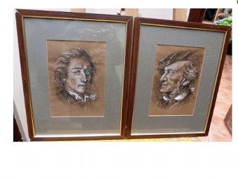 Antique SET OF FOUR QUALITY ORIGINAL PEN INK & GOUACHE SKETCHES OF FAMOUS MUSIC COMPOSERS INCLUDING CHOPIN BEETHOVEN WAGNER AND BRAHMS 