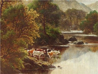 Antique FINE QUALITY RIVER LANDSCAPE OIL PAINTING WITH CATTLE WATERING BY LISTED ARTIST ROBERT MANN C1880 PRESENTED IN BEAUTIFUL SWEPT GILDED FRAME 30 X 22 APPROX 
