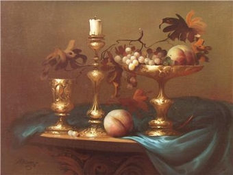 Antique FINE QUALITY OIL PAINTING OF STILL LIFE FRUIT BY SOUGHT AFTER HUNGARIAN ARTIST JOZSEF MOLNAR PRESENTED IN THE ORIGINAL SWEPT GILT DECORATIVE FRAME 