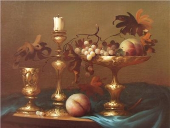 Antique FINE QUALITY OIL PAINTING OF STILL LIFE FRUIT BY SOUGHT AFTER HUNGARIAN ARTIST JOZSEF MOLNAR PRESENTED IN THE ORIGINAL SWEPT GILT DECORATIVE FRAME 