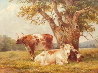 Antique 19TH CENTURY OIL PAINTING OF CATTLE RESTING IN A LANDSCAPE SIGNED BY ARTIST W.V.TIPPET 22 X 18 INCHES