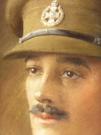 Antique WW1 PASTEL & GOUACHE PORTRAIT ON CANVAS OF AN OFFICER IN THE RIFLES BRIGADE  