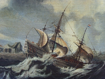 Antique SEASCAPE OIL PAINTING OF VESSELS IN ROUGH SEAS BY ARTIST MICHAEL SCOTT PRESENTED IN A SWEPT FRAME