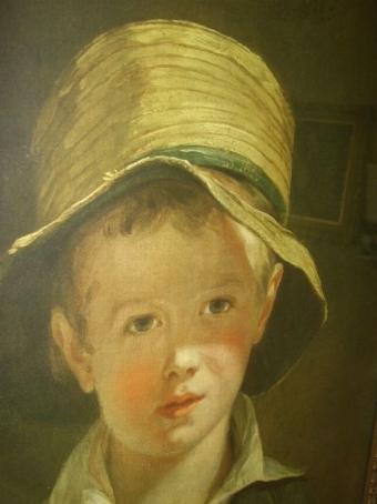 Antique MEDICI PRINT OF YOUNG BOY IN STRAW HAT TITLED THE TORN HAT AFTER THE ORIGINAL OIL PAINTING BY THOMAS SULLY IN SWEPT FRAME UNDER GLASS SIZE 19 X 23 INCHES 