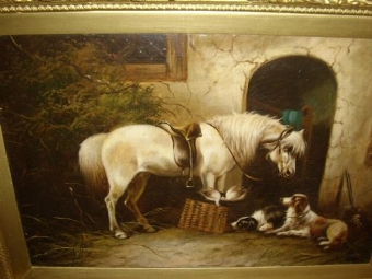Antique OIL PAINTING OF GREY GILDING WITH DOGS ATTRIBUTED TO ARTIST GEORGE ARMFIELD JUNIOR 1808 TO 1893