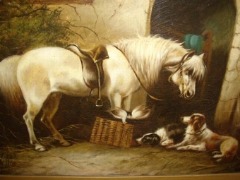Antique OIL PAINTING OF GREY GILDING WITH DOGS ATTRIBUTED TO ARTIST GEORGE ARMFIELD JUNIOR 1808 TO 1893