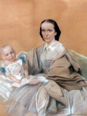 Antique PASTEL & GOUACHE VICTORIAN PORTRAIT PAINTING OF MOTHER HOLDING YOUNG CHILD BY ARTIST JOSIAH GILBERT IN BURR MAPLE FRAME UNDER GLASS