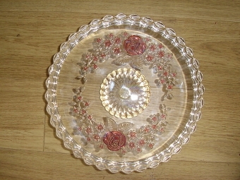 Antique GLASS EMBOSSED TAZZA WITH RUBY FLOWER DESIGN  12 INCHES DIAMETER