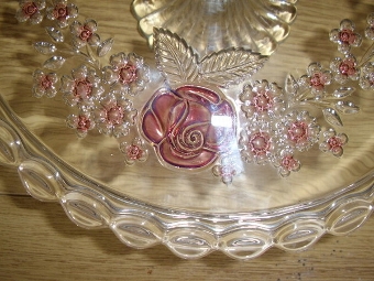 Antique GLASS EMBOSSED TAZZA WITH RUBY FLOWER DESIGN  12 INCHES DIAMETER