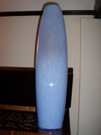 Antique  2 FT HIGH BLUE ART GLASS VASE FINISHED IN POWDER BLUE WITH PALE WHITE STREAKING WITH CUT & POLISHED RIM C1920 