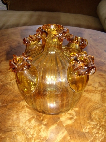 Antique AMBER GLASS POSY HOLDER WITH MULTIPLE PORTS 