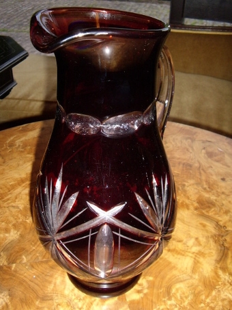 Antique LARGE DARK RUBY & CUT GLASS POURING JUG WITH STAR CUT DESIGN 