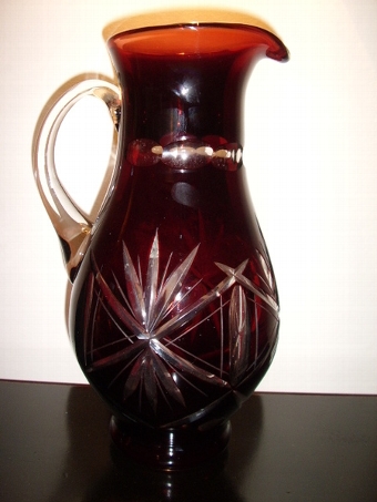 Antique LARGE DARK RUBY & CUT GLASS POURING JUG WITH STAR CUT DESIGN 