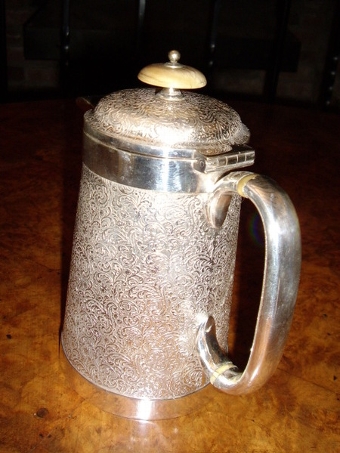 Antique SILVER PLATED COFFEE POT WITH ETCHED DESIGN & BONE INSULATORS & BUTTON ON LID 