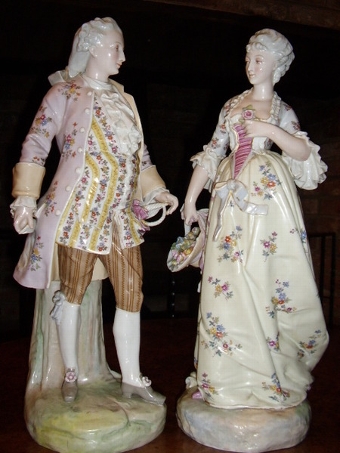 Antique QUALITY PAIR OF CONTINENTAL PORCELAIN FIGURINES  CIRCA 1860-80   19 INCHES HIGH 