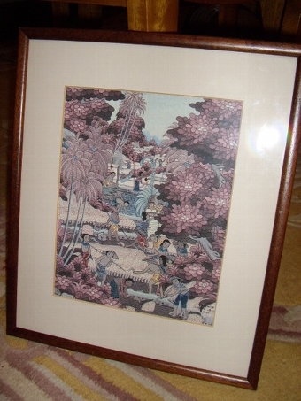 BALANESE WATERCOLOUR & INK DRAWING UNDER GLASS DEPICTING RURAL VILLAGE LIFE