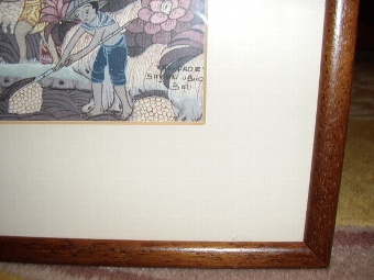 Antique BALANESE WATERCOLOUR & INK DRAWING UNDER GLASS DEPICTING RURAL VILLAGE LIFE