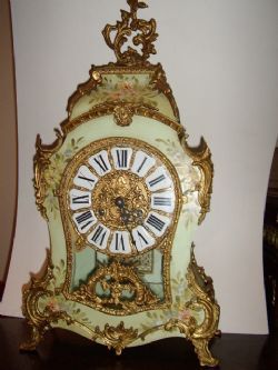 FRENCH LOUIS STYLE ORMOLU BRACKET CLOCK (Twin Bell Ringing Copy ) PAINTED CASE WITH PORCELAIN ROMAN NUMERALS.
