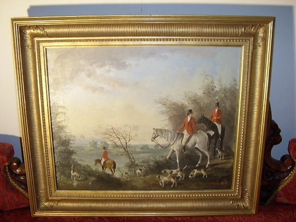 OIL ON CANVAS OF HUNT & HOUNDS SIGNED J. RANDALL 28.5 X 24.5 INCHES