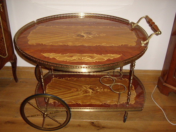 FRENCH INLAID TWO TIER TEA TROLLEY WITH ORMOLU TRIM & WINE HOLDERS