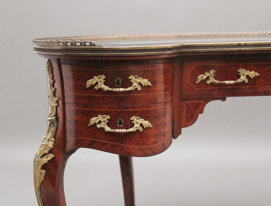 Antique 19th Century freestanding French parquetry and Kingwood kidney desk