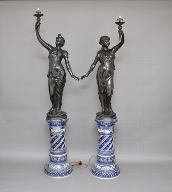 Pair bronze figural lamps on china bases