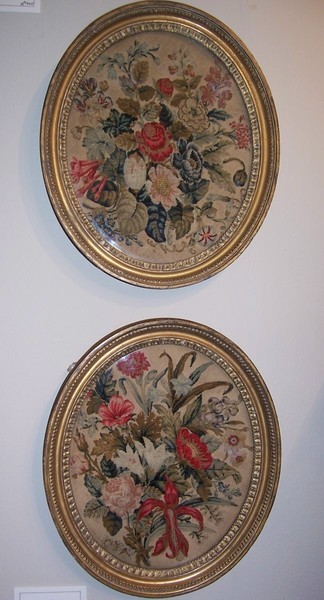 SOLD Pair 19th C Oval Needleworks of Flowers