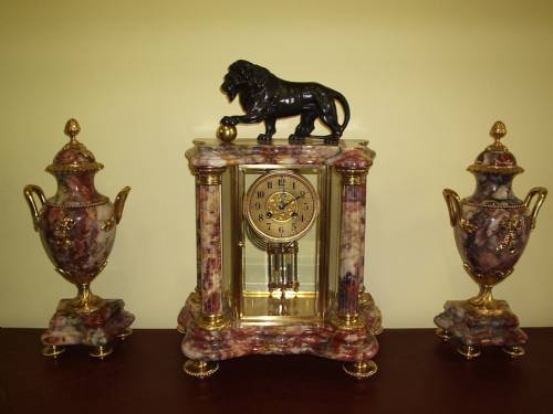 Rouge Marble 4 Glass Clock Garniture with 2 Urns