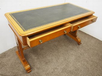 Antique Rare Pine and Green Leather Library Table