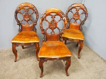 Set of 3 Victorian Mahogany Heraldic Hall Chairs