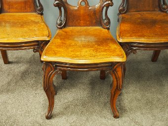 Antique Set of 3 Victorian Mahogany Heraldic Hall Chairs