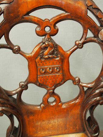 Antique Set of 3 Victorian Mahogany Heraldic Hall Chairs