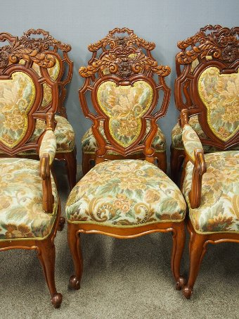 Antique Set of 8 Carved Walnut Dining Chairs