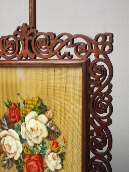 Antique Mid Victorian Rosewood Embroidered Pole Screen