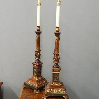 Carved and Painted Italian Wood Candlesticks