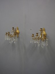Antique Pair of Gilded Bronze and Cut Crystal Wall Sconces