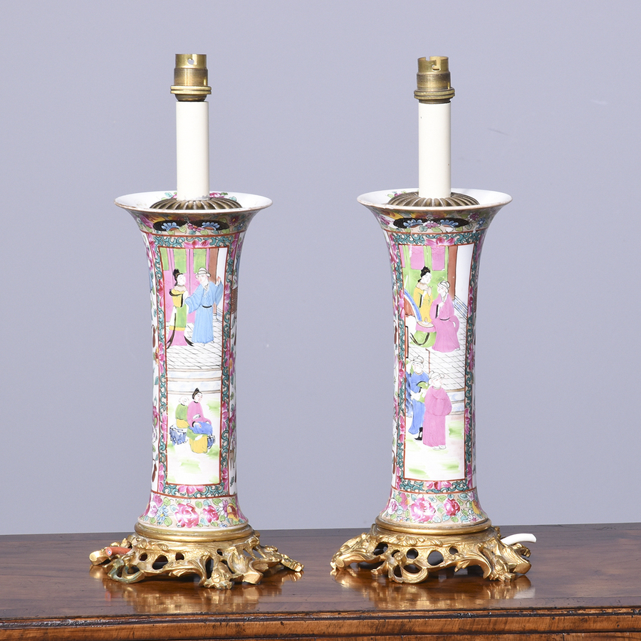 Antique Pair of Canton Vase Lamps