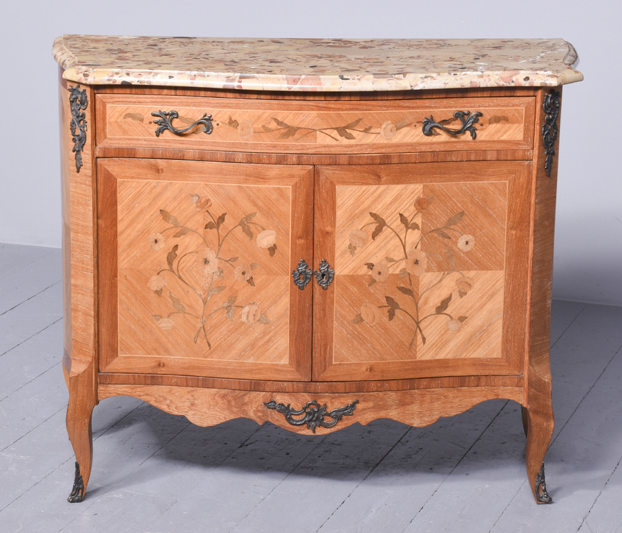 Antique Louis XVI Style Marquetry Inlaid Walnut Marble Top Side Cabinet