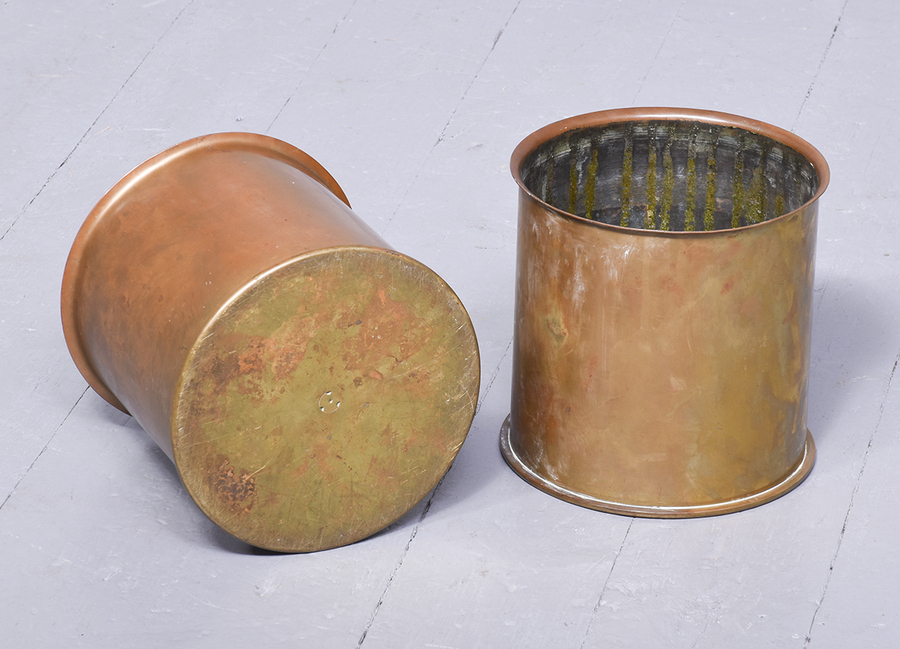 Antique Rare Pair of Brass WWI Waste Paper Baskets Made Out of the Base of Brass Shells