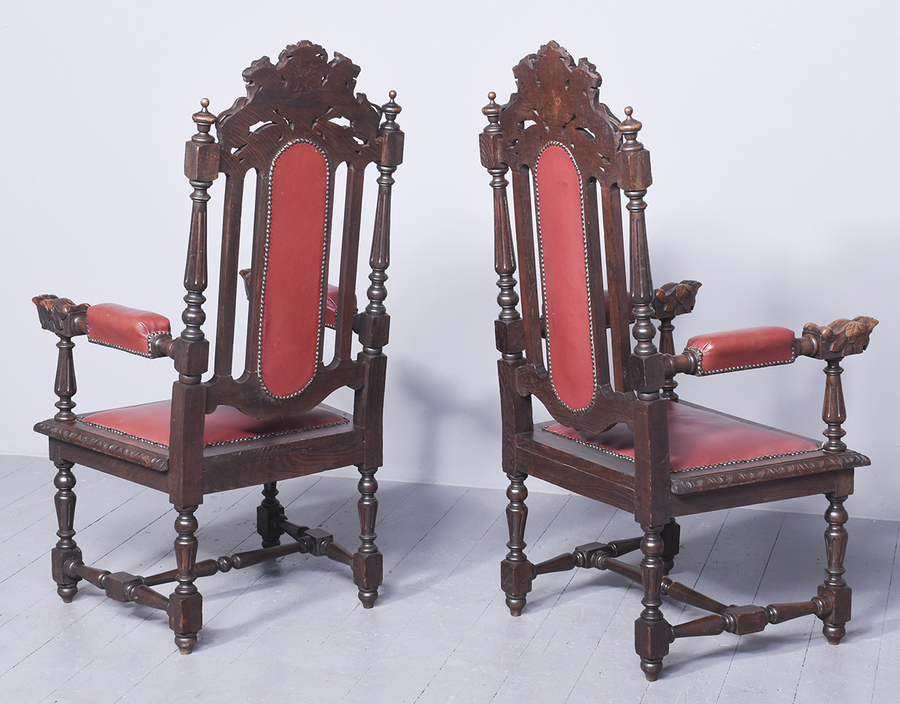 Antique Pair Of Large Impressive Flemish Carved Oak Throne or Hall Chairs