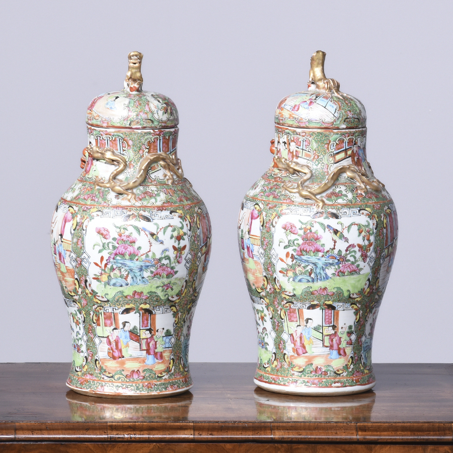 Antique Pair of Lidded Baluster-Shaped 19th Century Cantonese/Mandarin Chinese Vases