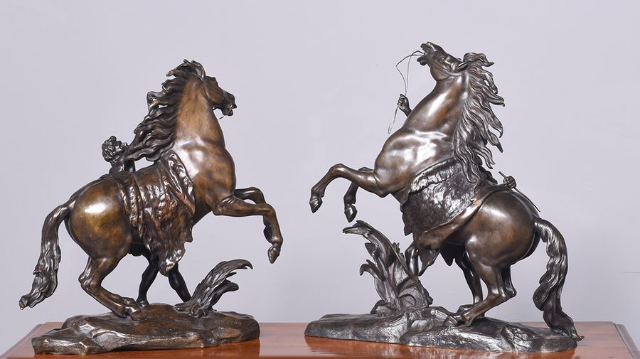 Antique Pair Of 19th Century Bronze French Marly Horses Stamped Coustou