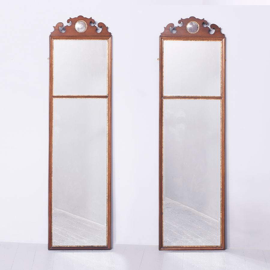 Pair Mahogany and Gilded Two-Part Wall Mirrors with Convex Glass