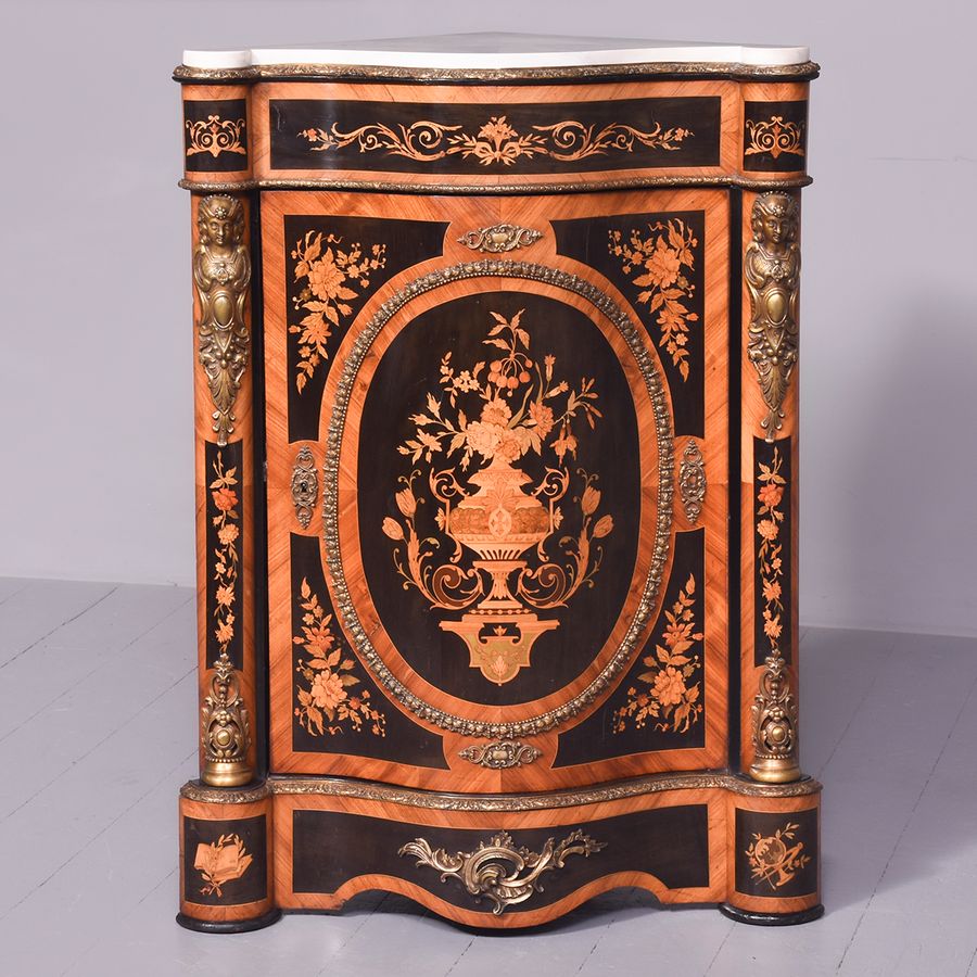 Serpentine Fronted Marble Topped Marquetry and Brass Inlaid Cabinet